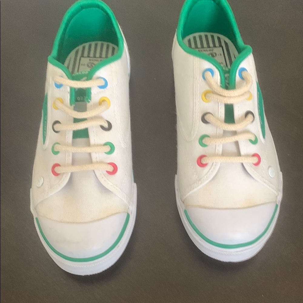 NWOT Dunlop Anya White and Green Low-Top Sneakers with Rubber Toe Cap.